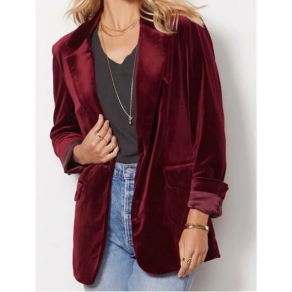 New Blank NYC XSmall XS Burgundy Red Low Key Velvet Blazer Evereve Lined Holiday - Picture 10 of 10